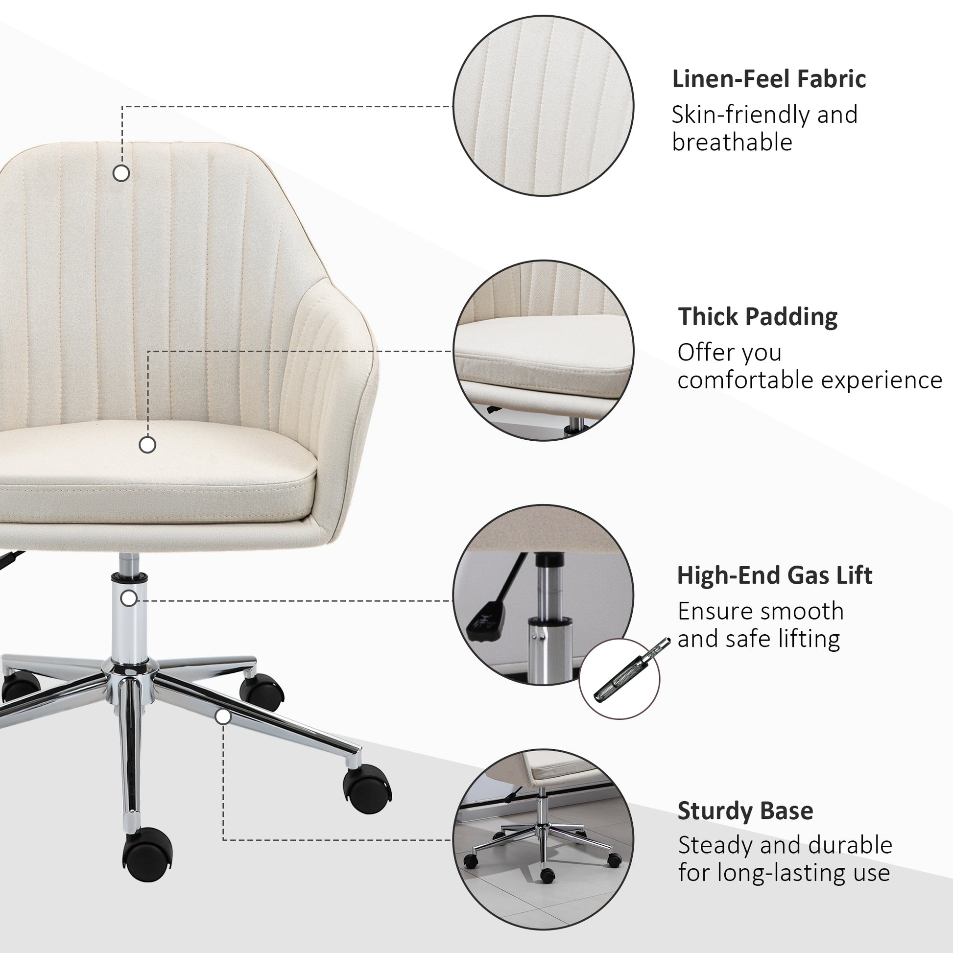 Mid Back Task Chair, Fabric Home Office Chair, Swivel Desk Chair With Tub Shape Design & Lined Pattern Back For Living Room, Bedroom, Beige Beige Polyester