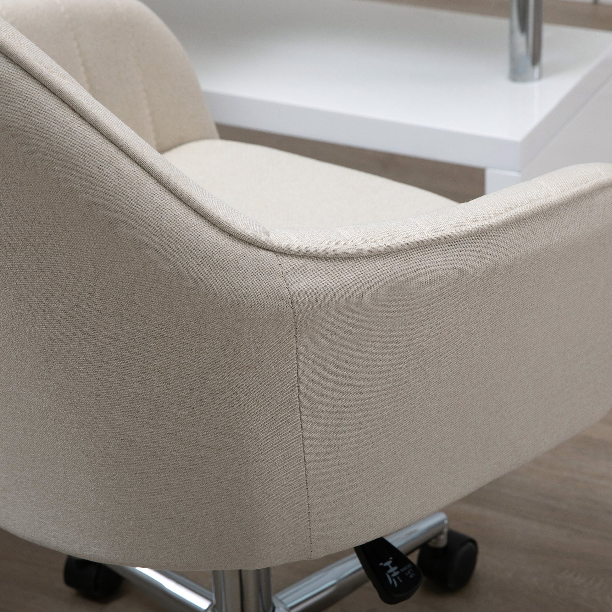 Mid Back Task Chair, Fabric Home Office Chair, Swivel Desk Chair With Tub Shape Design & Lined Pattern Back For Living Room, Bedroom, Beige Beige Polyester