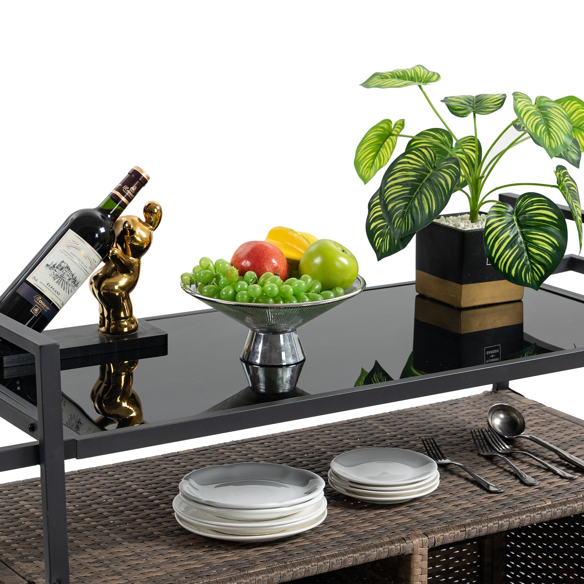 Outdoor Wicker Bar Cart, Patio Wine Serving Cart W Wheelsrolling Rattan Beverage Bar Counter Table W Glass Top For Porch Backyard Garden Poolside Party, Light Brown Light Brown Garden & Outdoor