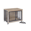 Furniture Style Dog Crate Side Table With Rotatable Feeding Bowl, Wheels, Three Doors, Flip Up Top Opening. Indoor, Grey, 38.58