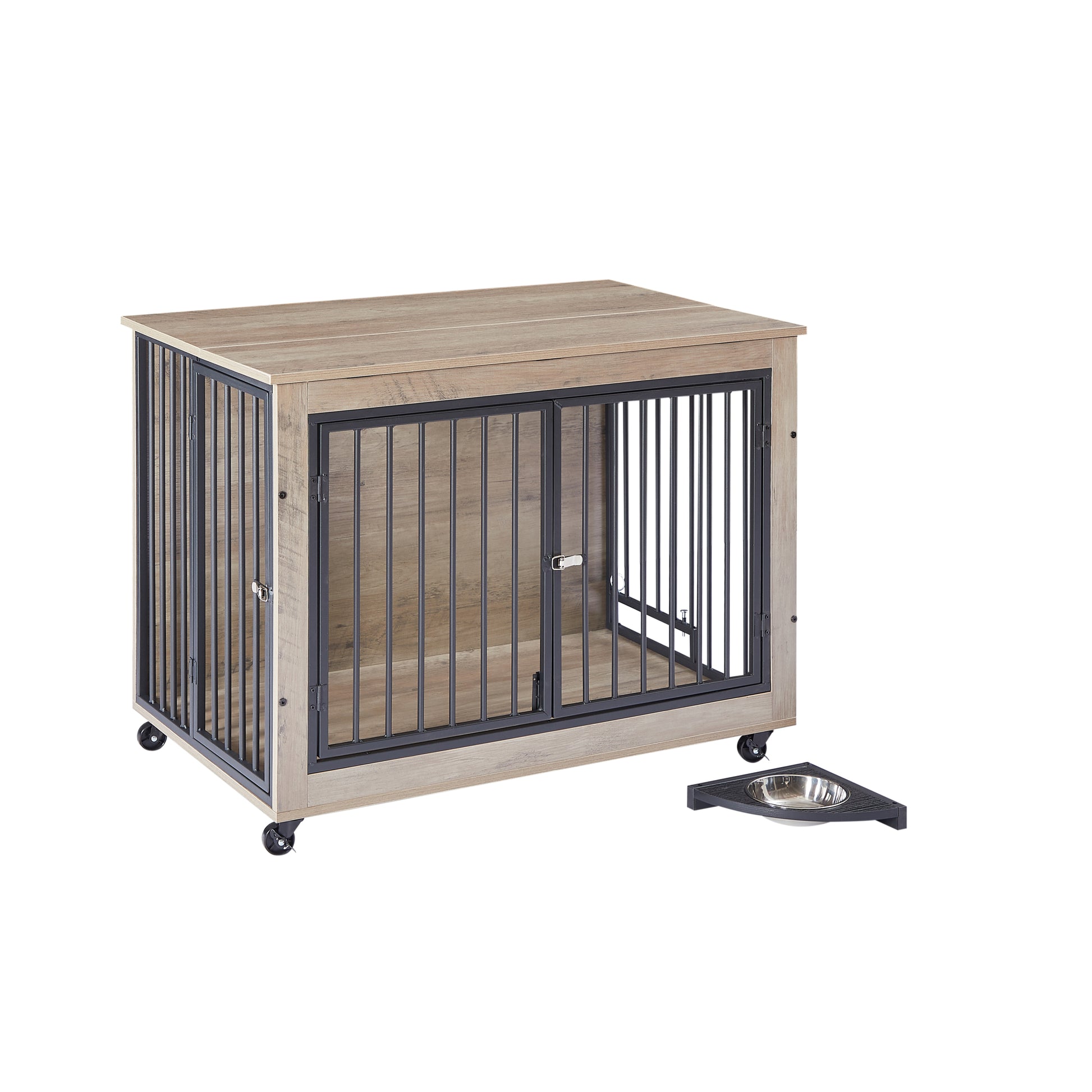 Furniture Style Dog Crate Side Table With Rotatable Feeding Bowl, Wheels, Three Doors, Flip Up Top Opening. Indoor, Grey, 38.58"W X 25.2"D X 27.17"H Grey Particle Board