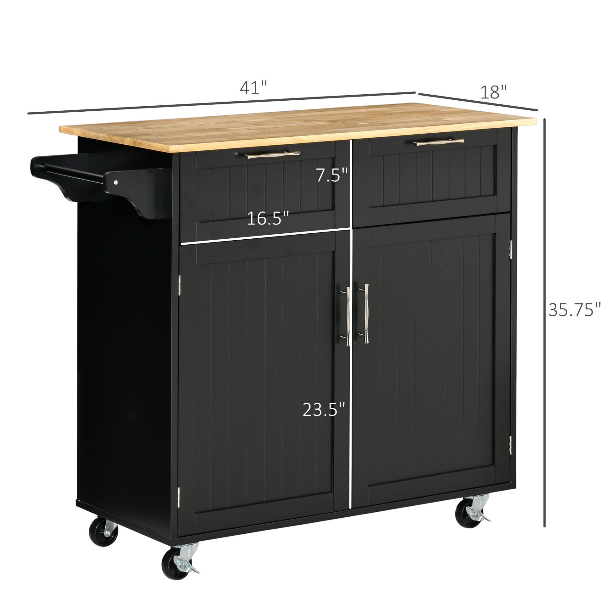 41" Modern Rolling Kitchen Island On Wheels, Utility Cart Storage Trolley With Rubberwood Top & Drawers, Black Black Mdf