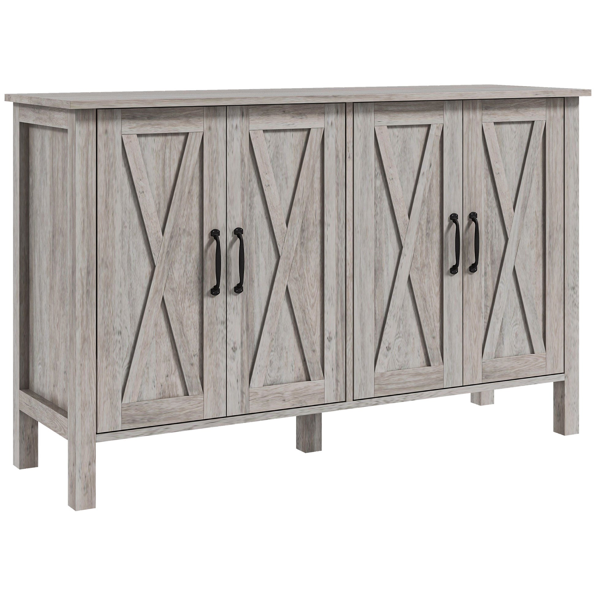 Buffet Cabinet, 47" Sideboard With 4 Barn Doors And 2 Adjustable Shelves, Farmhouse Coffee Bar Cabinet, Gray Wood Grain Gray Mdf