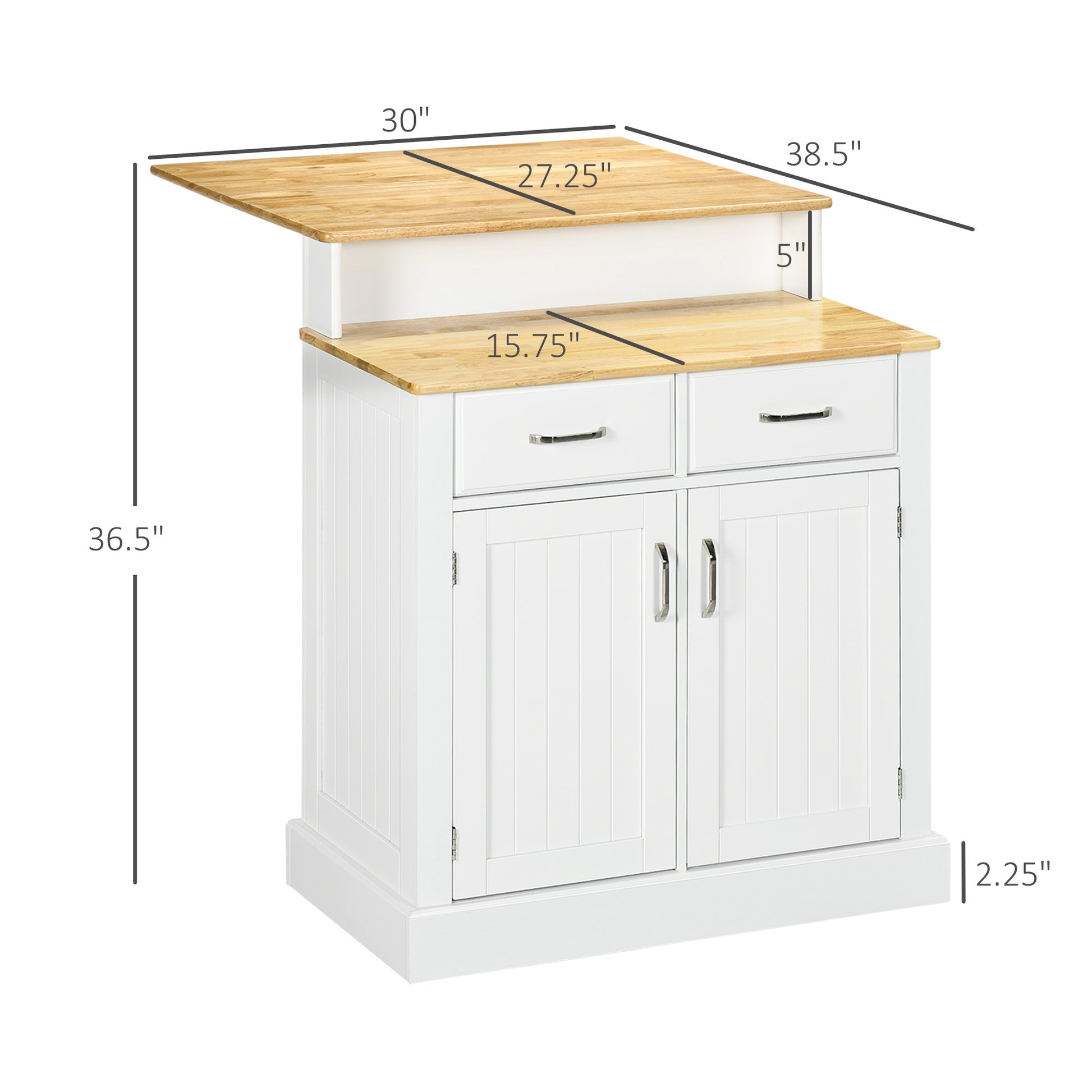 Kitchen Island With Storage Cabinet And 2 Level Rubber Wood Tabletop, Island Table With Adjustable Shelves And Drawers, White White Engineered Wood