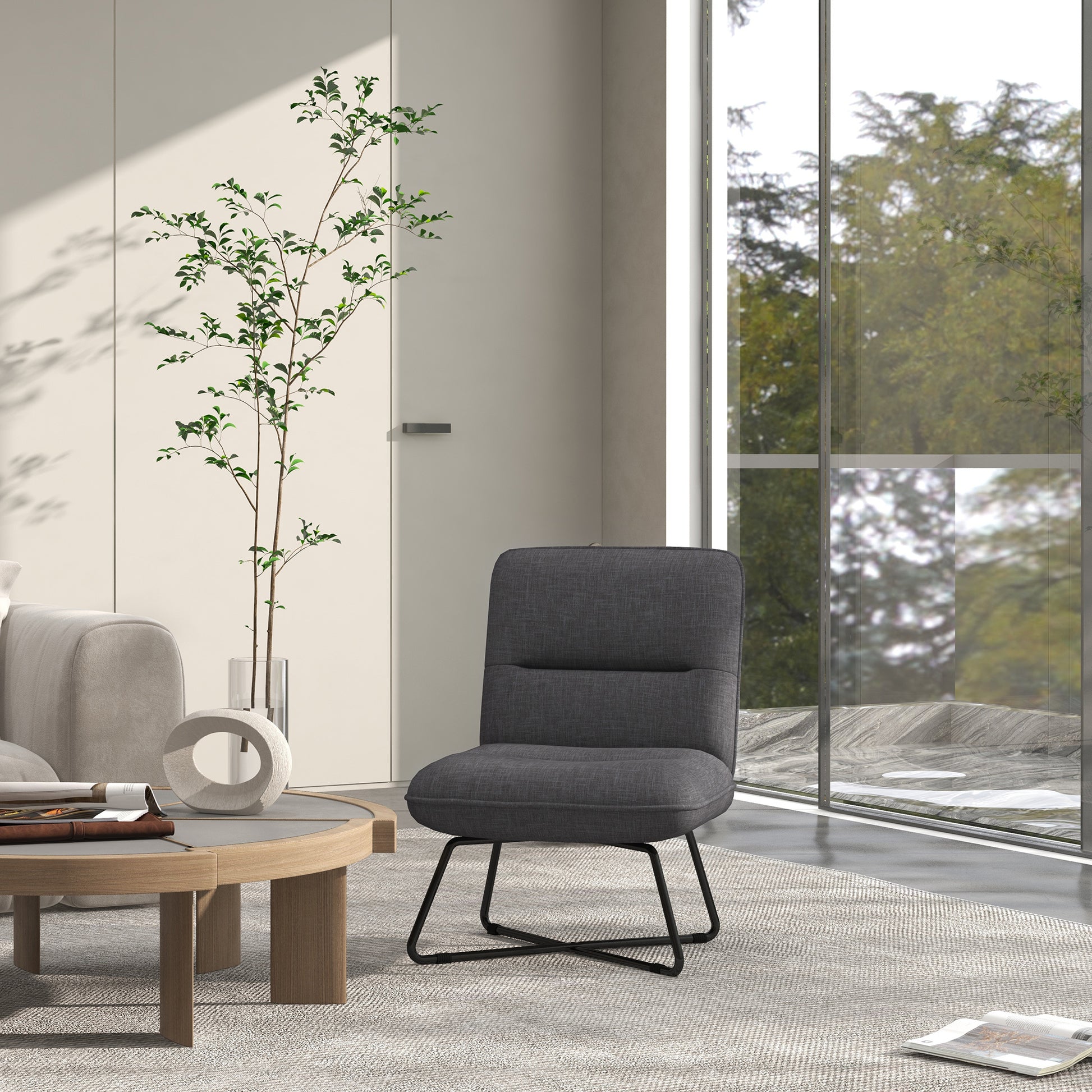Armless Accent Chair, Upholstered Slipper Chair For Living Room With Crossed Steel Legs, Dark Gray Dark Gray Polyester