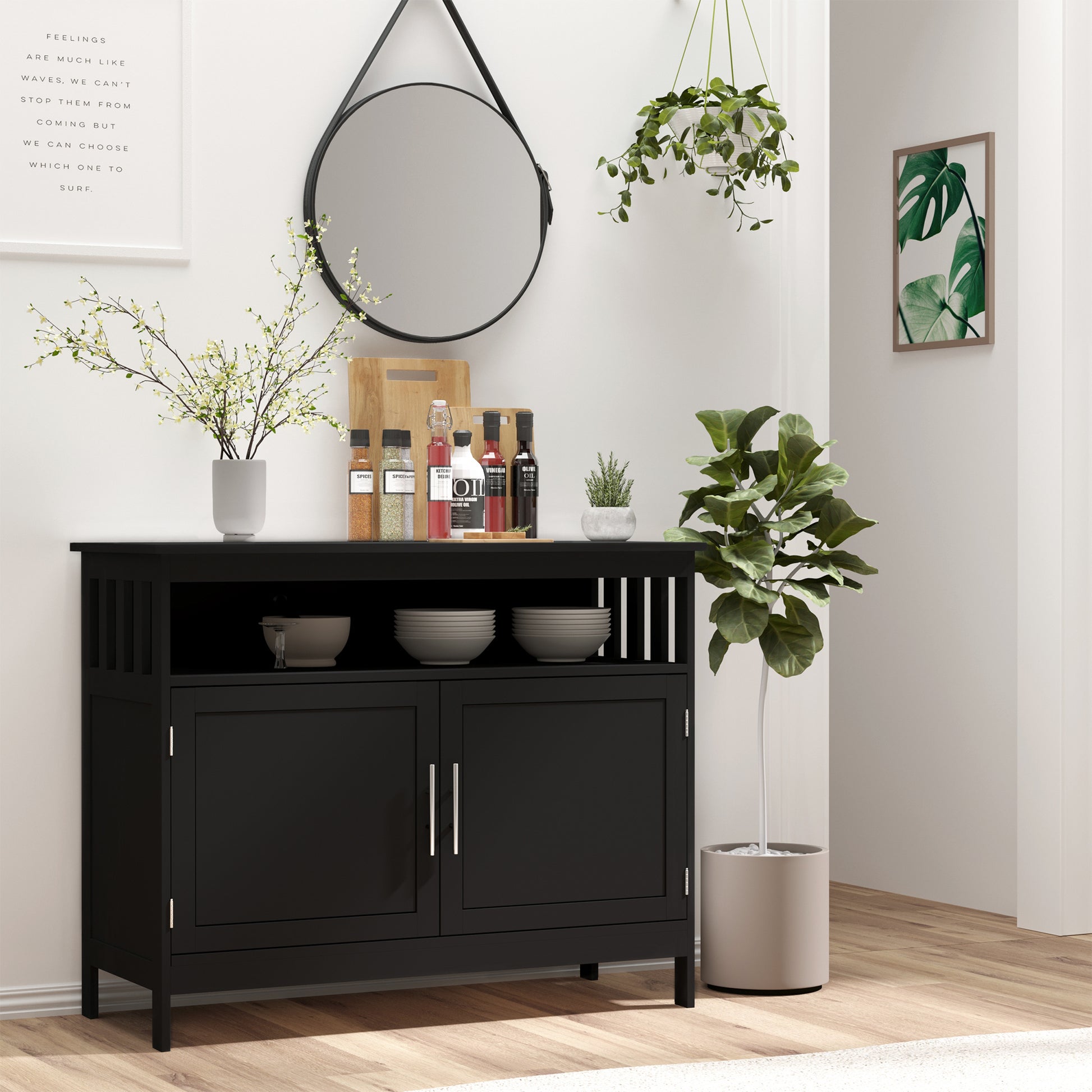 Sideboard Buffet Cabinet, Modern Kitchen Cabinet, Coffee Bar Cabinet With 2 Level Shelf And Open Compartment, Black Black Mdf