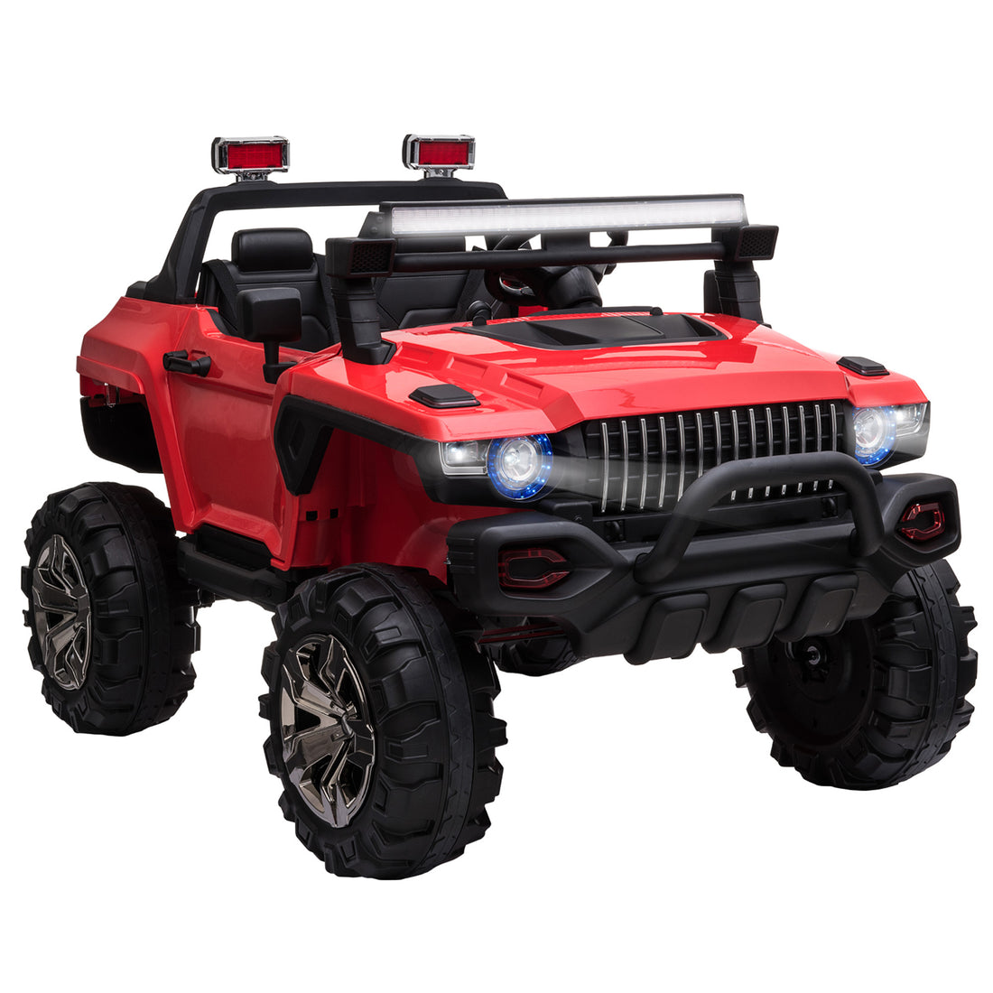 12V Police Car Ride On Truck With Remote Control & Siren, 2 Seater Battery Operated Electric Car For Kids With Music, Electric Ride On Toy With Horn, Red Red Steel