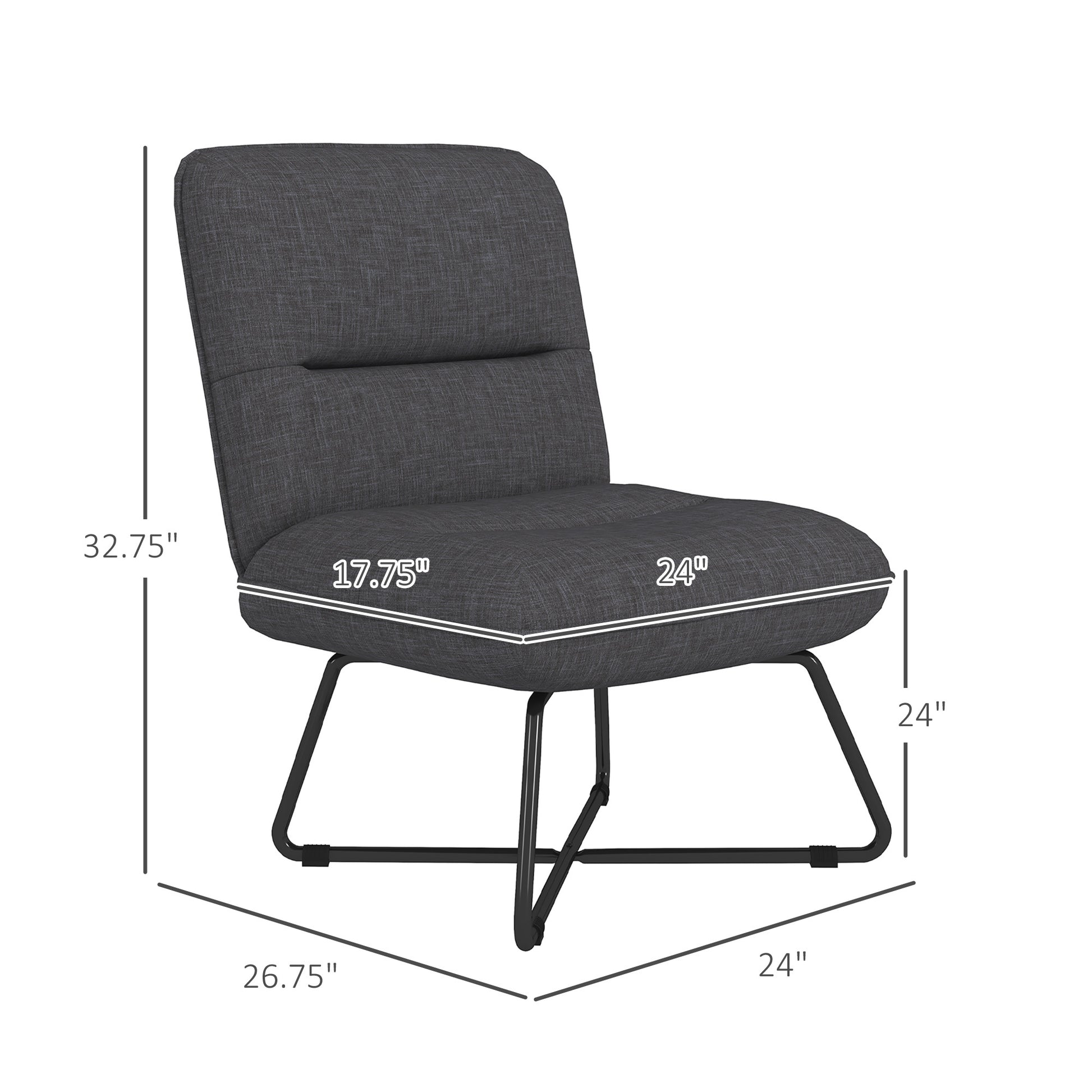 Armless Accent Chair, Upholstered Slipper Chair For Living Room With Crossed Steel Legs, Dark Gray Dark Gray Polyester