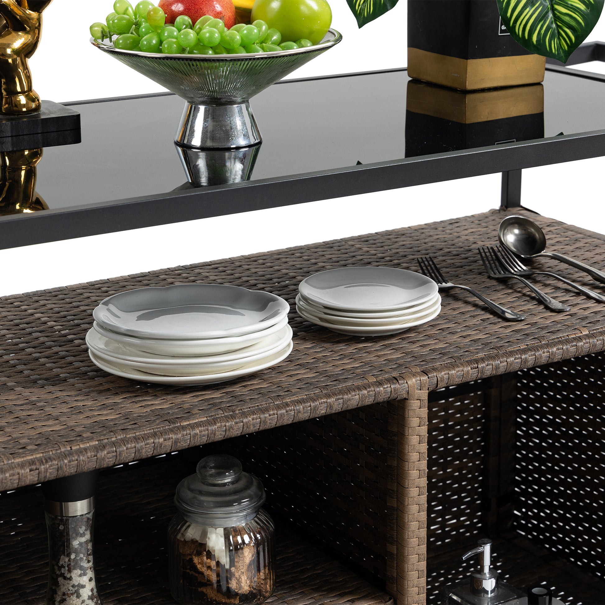 Outdoor Wicker Bar Cart, Patio Wine Serving Cart W Wheelsrolling Rattan Beverage Bar Counter Table W Glass Top For Porch Backyard Garden Poolside Party, Light Brown Light Brown Garden & Outdoor