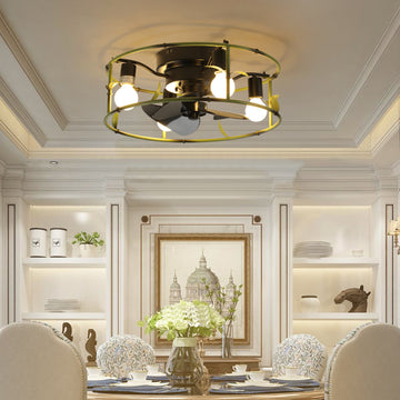 Flush Mount Ceiling Fans With Lights And Remote Control Green Caged Low Profile Ceiling Fan Modern Metal Ceiling Fanfor Farmhouse Dining Room Bedroom Kitchen Living Room Green Modern Iron