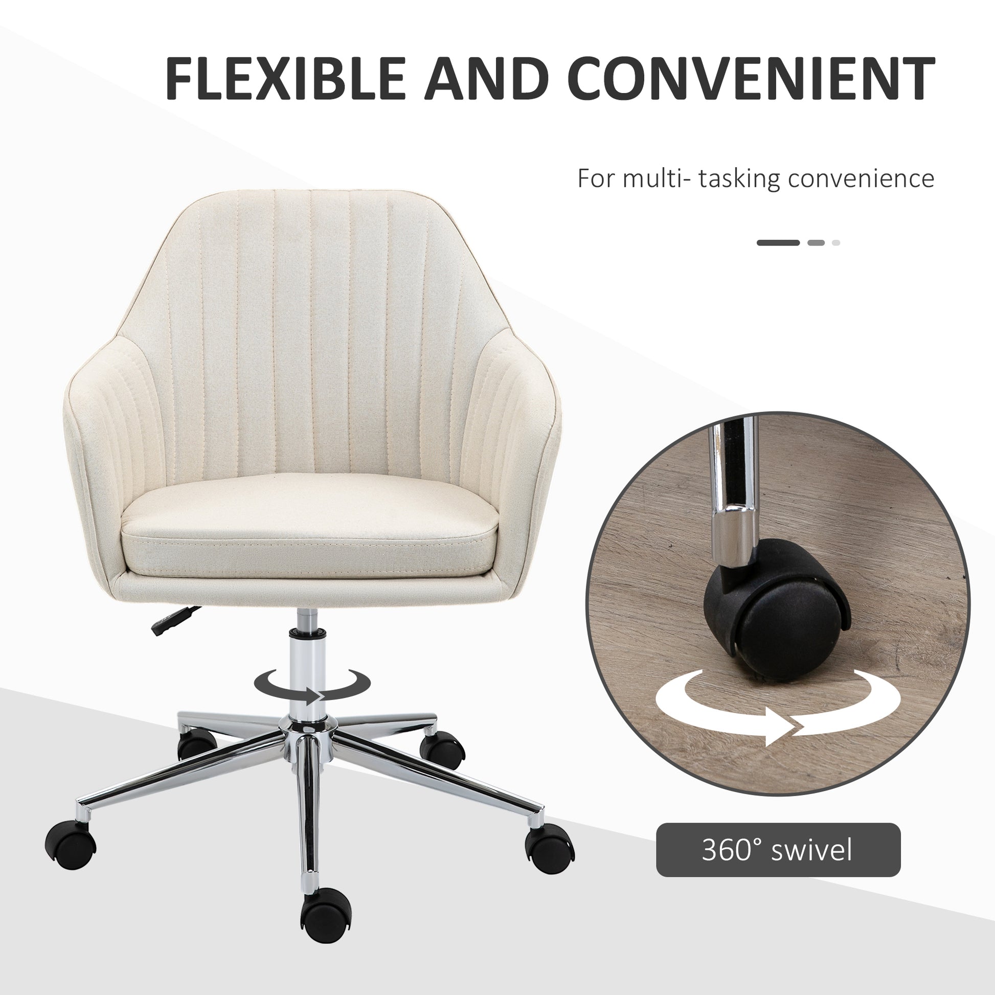 Mid Back Task Chair, Fabric Home Office Chair, Swivel Desk Chair With Tub Shape Design & Lined Pattern Back For Living Room, Bedroom, Beige Beige Polyester
