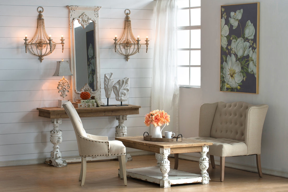 47" X 27.5" X 20" Rectangle Coffee Wooden Coffee Table, French Country Coffee Table Brown Antique White Wood