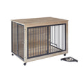 Furniture Style Dog Crate Side Table With Rotatable Feeding Bowl, Wheels, Three Doors, Flip Up Top Opening. Indoor, Grey, 43.7