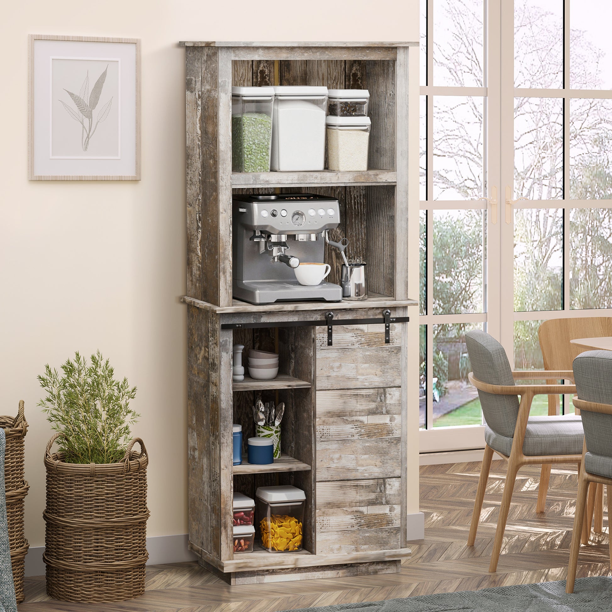 Freestanding Rustic Kitchen Buffet With Hutch, Pantry Storage Cabinet With Sliding Barn Door, Adjustable Shelf, Vintage Wood Vintage Mdf