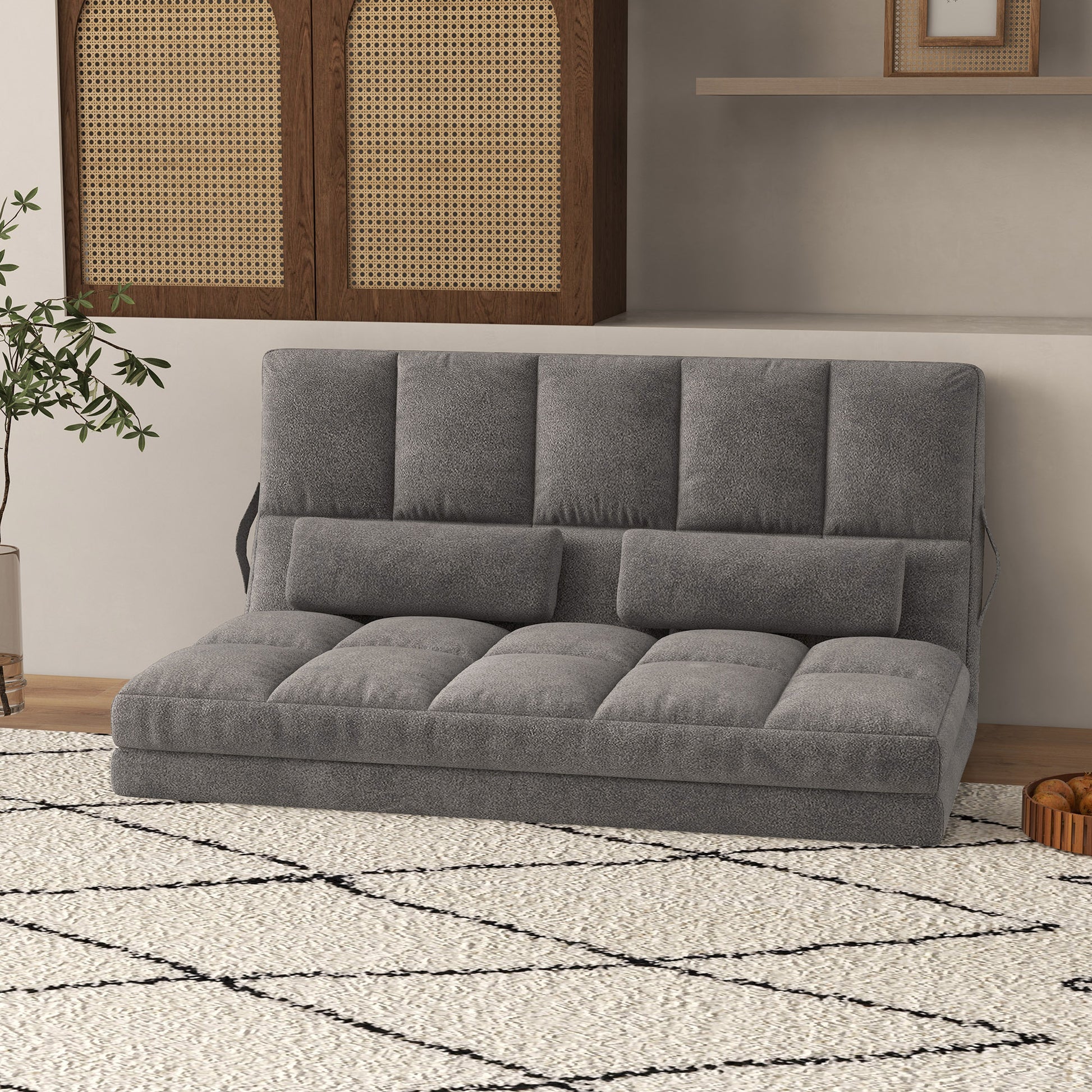 Convertible Floor Sofa Chair, Folding Couch Bed, Guest Chaise Lounge With 2 Pillows, Adjustable Backrest And Headrest, Dark Gray Dark Gray Polyester