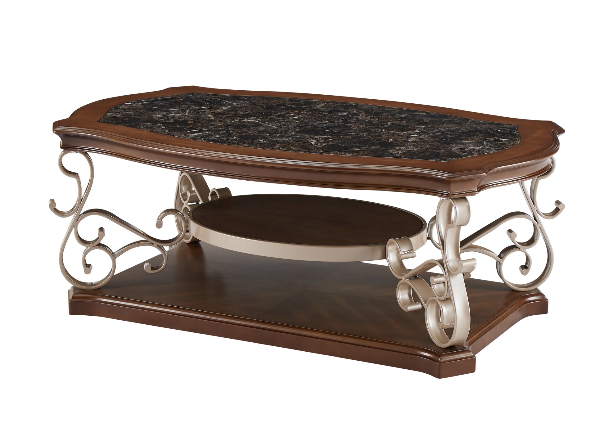 Cocktail Table, Marble Paper Top, Mdf With Birch Veneer Middle Shelf And Bottompowder Coat Finish Metal Legs. 52"Lx32"Wx20 "H Champagne Brown Dining Room American Design Birch Coffee & End Tables Mdf