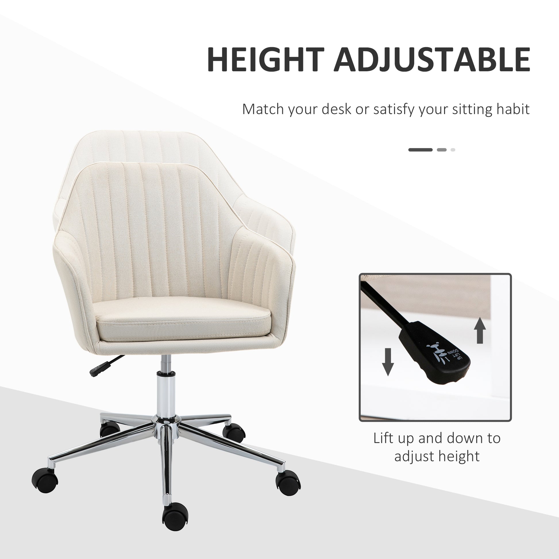 Mid Back Task Chair, Fabric Home Office Chair, Swivel Desk Chair With Tub Shape Design & Lined Pattern Back For Living Room, Bedroom, Beige Beige Polyester