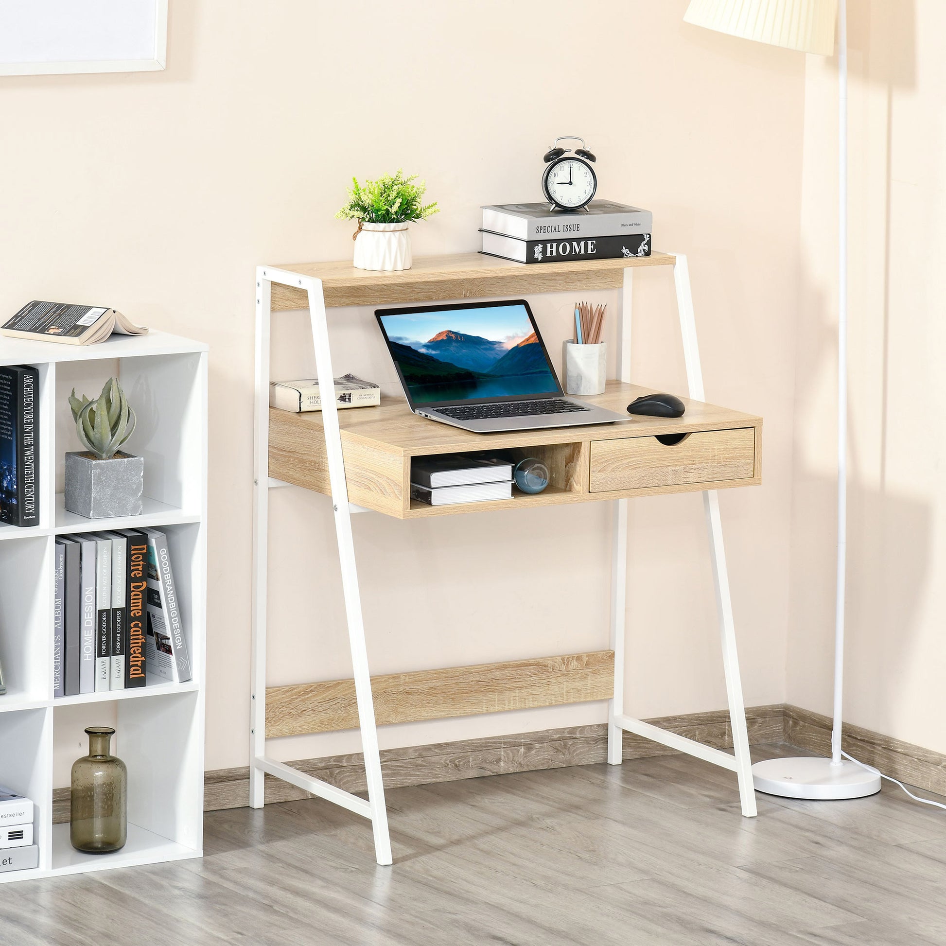 Home Office Desk, Computer Desk For Small Spaces, Writing Table With Drawer And Storage Shelves, Natural Natural Wood Engineered Wood