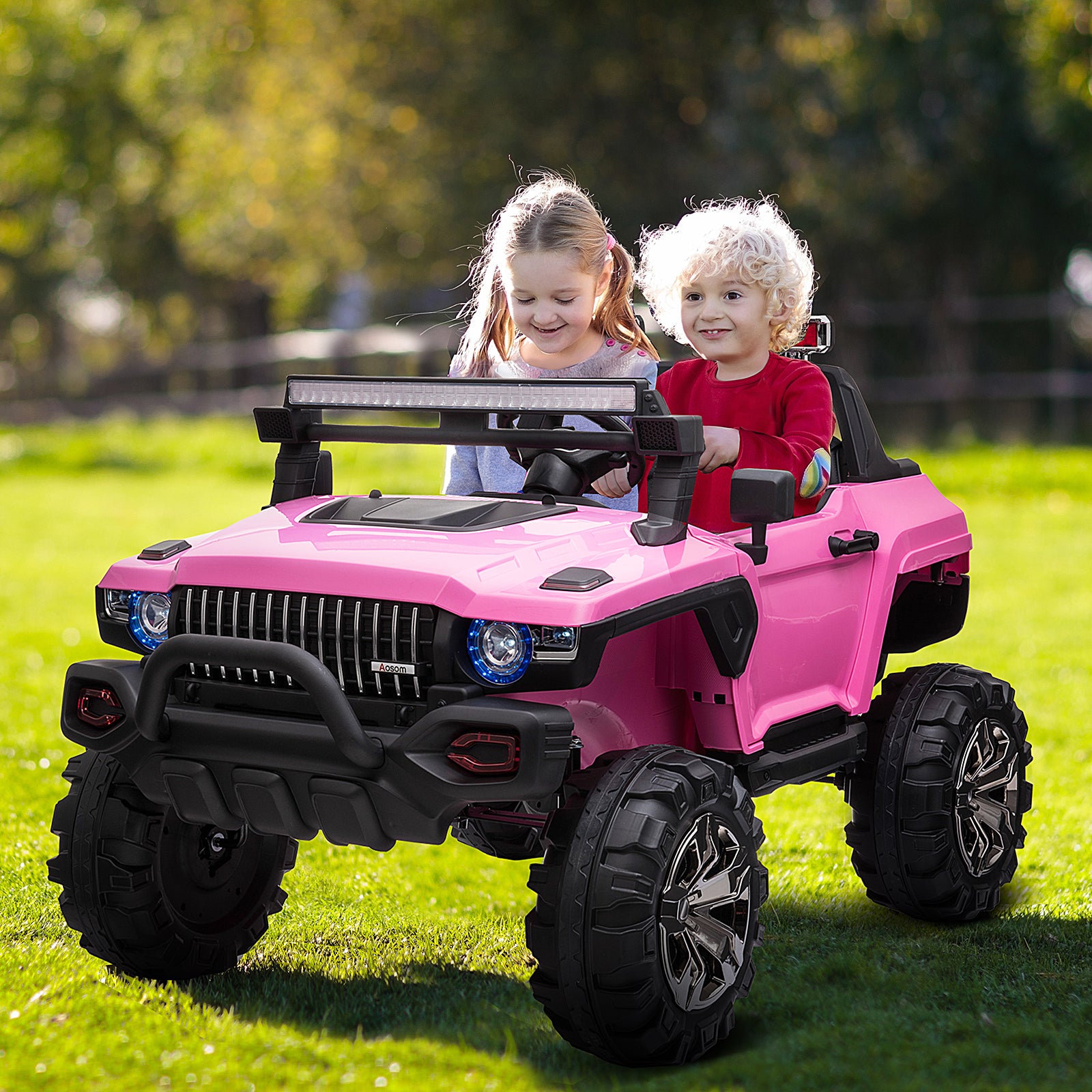 12V Police Car Ride On Truck With Remote Control & Siren, 2 Seater Battery Operated Electric Car For Kids With Music, Electric Ride On Toy With Horn, Pink Pink Steel