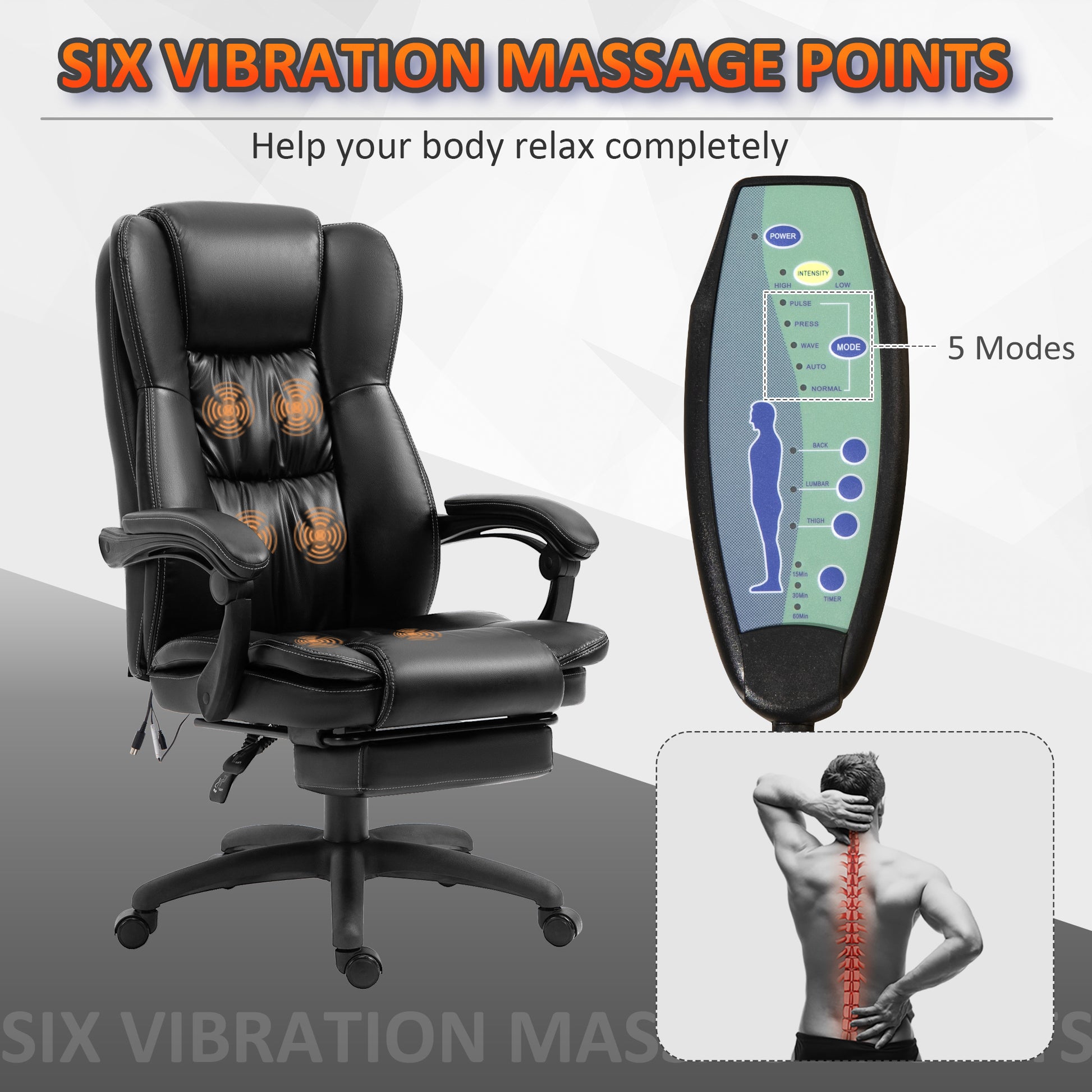 High Back Massage Office Chair With 6 Point Vibration, 5 Modes, Executive Chair, Pu Leather Swivel Chair With Reclining Back, And Retractable Footrest, Black Black Pu