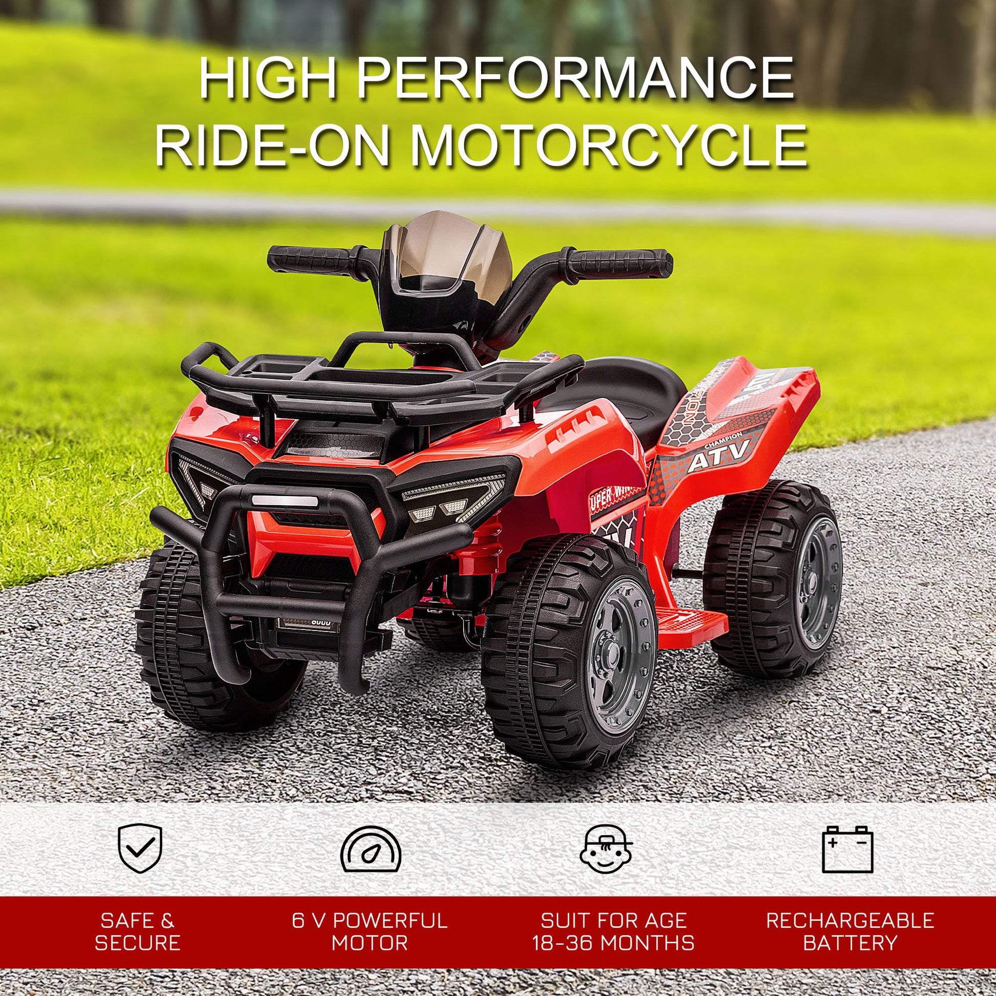 Kids Ride On Atv Four Wheeler Car 6V Battery Powered Motorcycle With Music For 18 36 Months, Red Red Steel