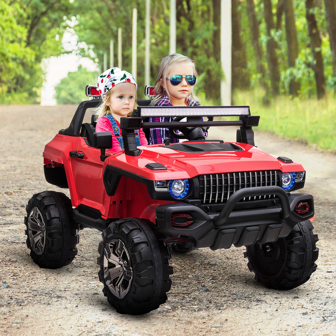 12V Police Car Ride On Truck With Remote Control & Siren, 2 Seater Battery Operated Electric Car For Kids With Music, Electric Ride On Toy With Horn, Red Red Steel