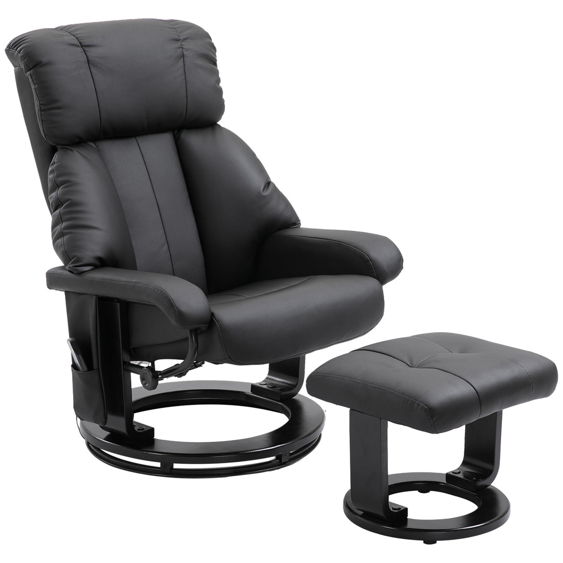 Recliner With Ottoman Footrest, Recliner Chair With Vibration Massage, Faux Leather And Swivel Wood Base For Living Room And Bedroom, Black Black Wood