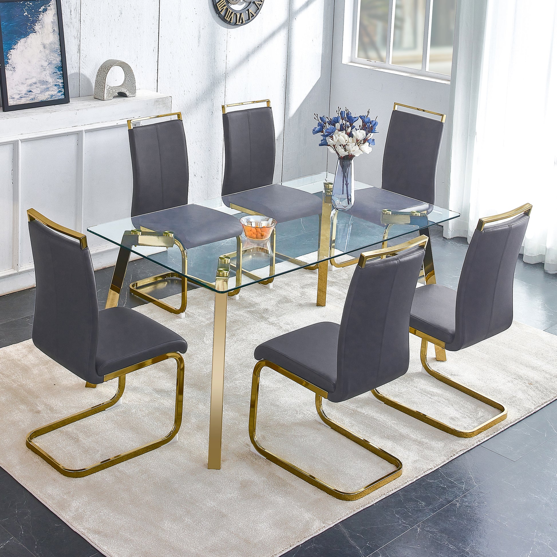 Modern Minimalist Style Rectangular Glass Dining Table With Tempered Glass Tabletop And Golden Metal Legs, Suitable For Kitchen, Dining Room, And Living Room, 63 Inches * 35.4 Inches * 30 Inches Golden Metal