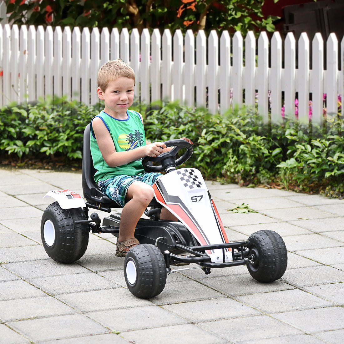 Pedal Go Kart Children Ride On Car Racing Style With Adjustable Seat, Plastic Wheels, Handbrake And Shift Lever, White White Steel