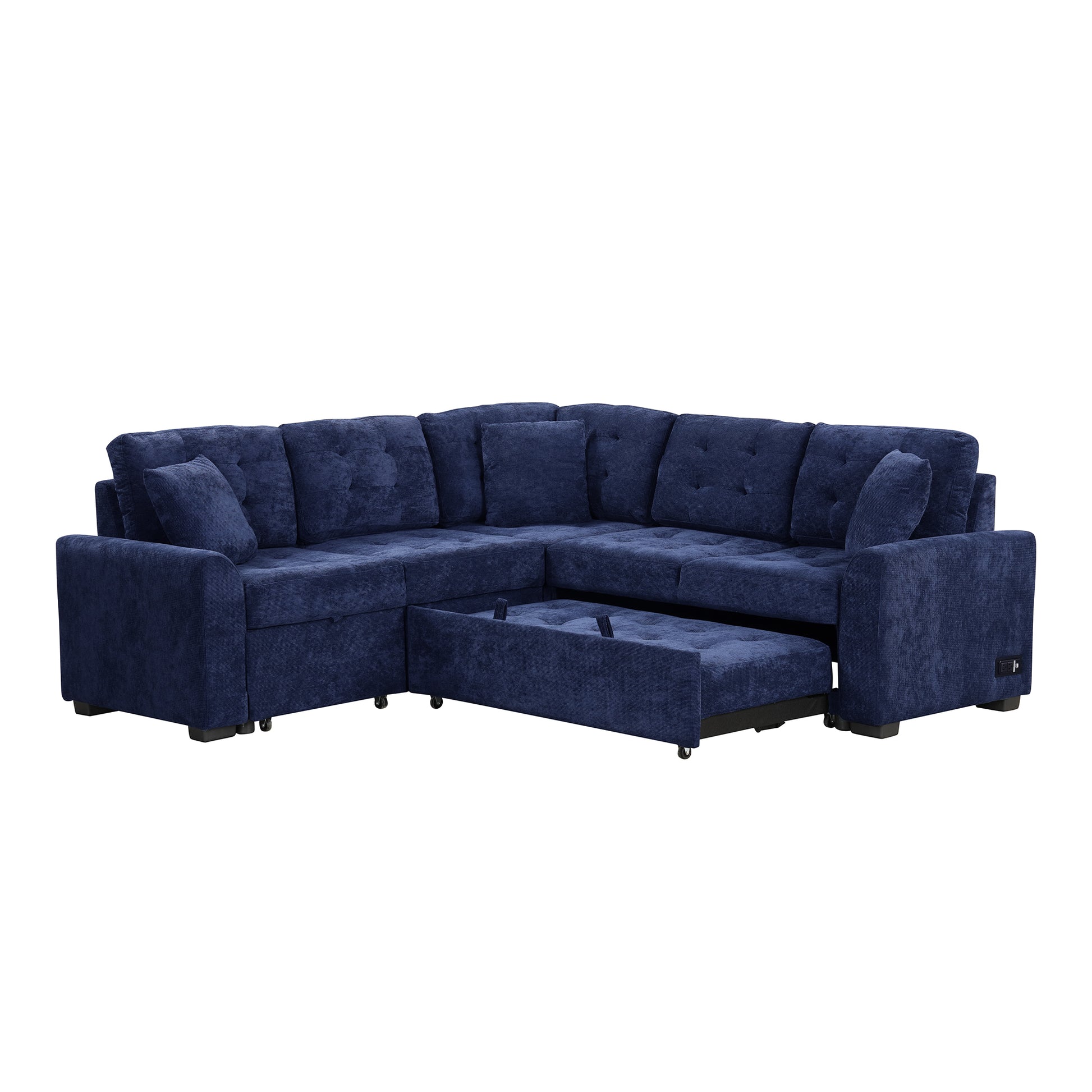 82.6" L Shape Sofa Bed Pull Out Sleeper Sofa With Wheels, Usb Ports, Power Sockets For Living Room, Navy Blue Navy Blue Foam Velvet