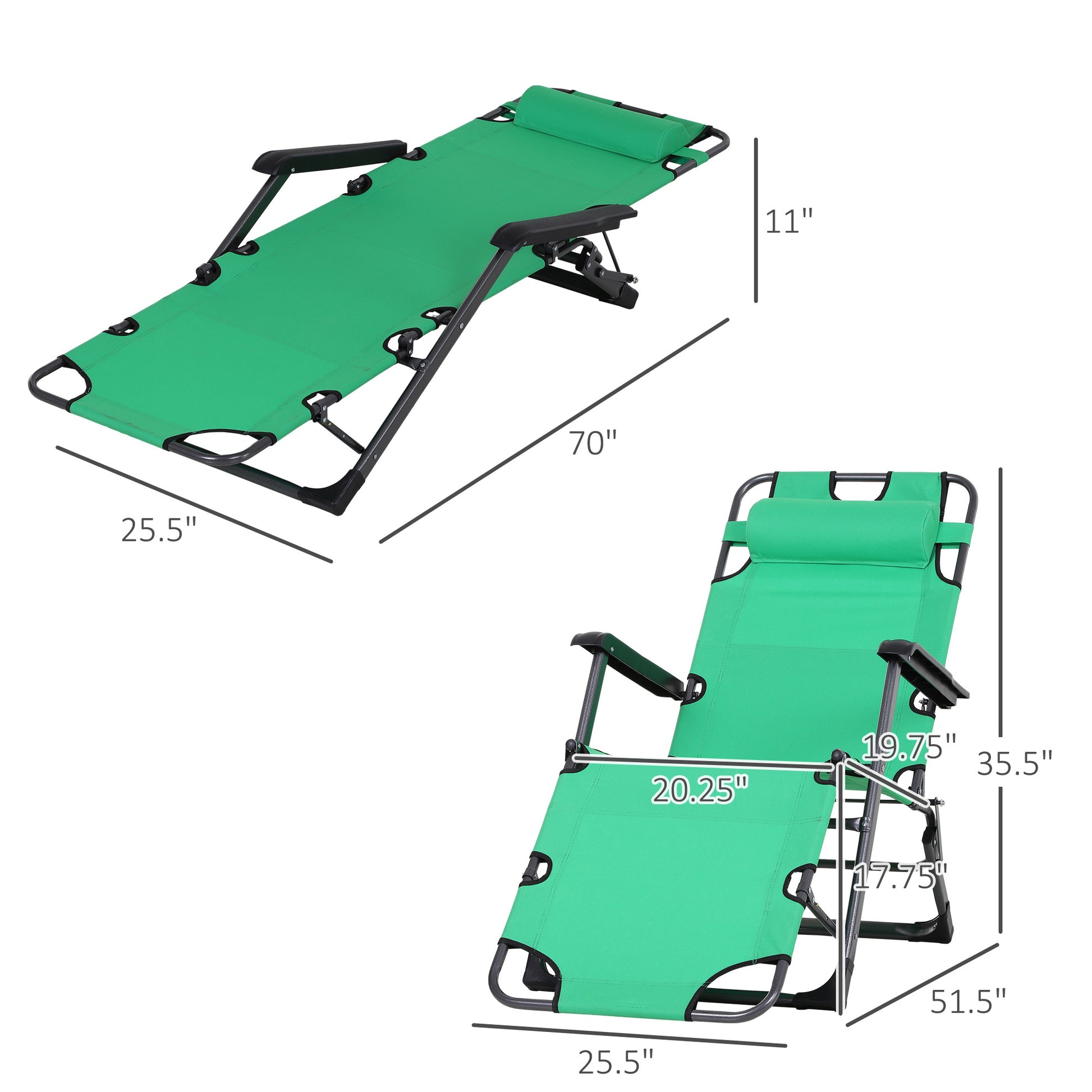 Tanning Chair, 2 In 1 Beach Lounge Chair & Camping Chair W Pillow & Pocket, Adjustable Chaise For Sunbathing Outside, Patio, Poolside, Green Green Metal