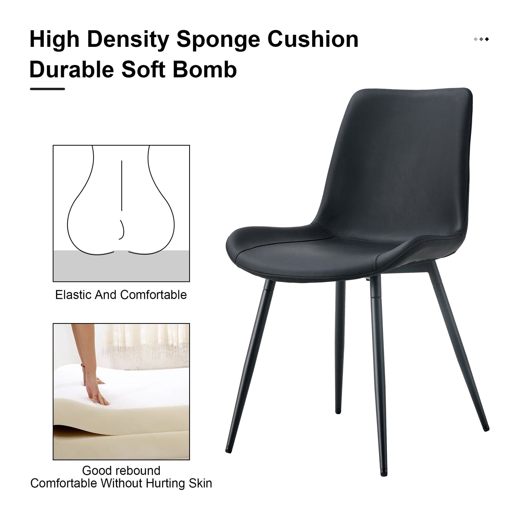 Black Artificial Leather Backrest Cushion Dining Chair, Black Metal Legs, Curved Widened Cushion Design For More Comfort, Suitable For Restaurants, Kitchens, Bedrooms, Offices. 4 Chairs 0502 Black Faux Leather