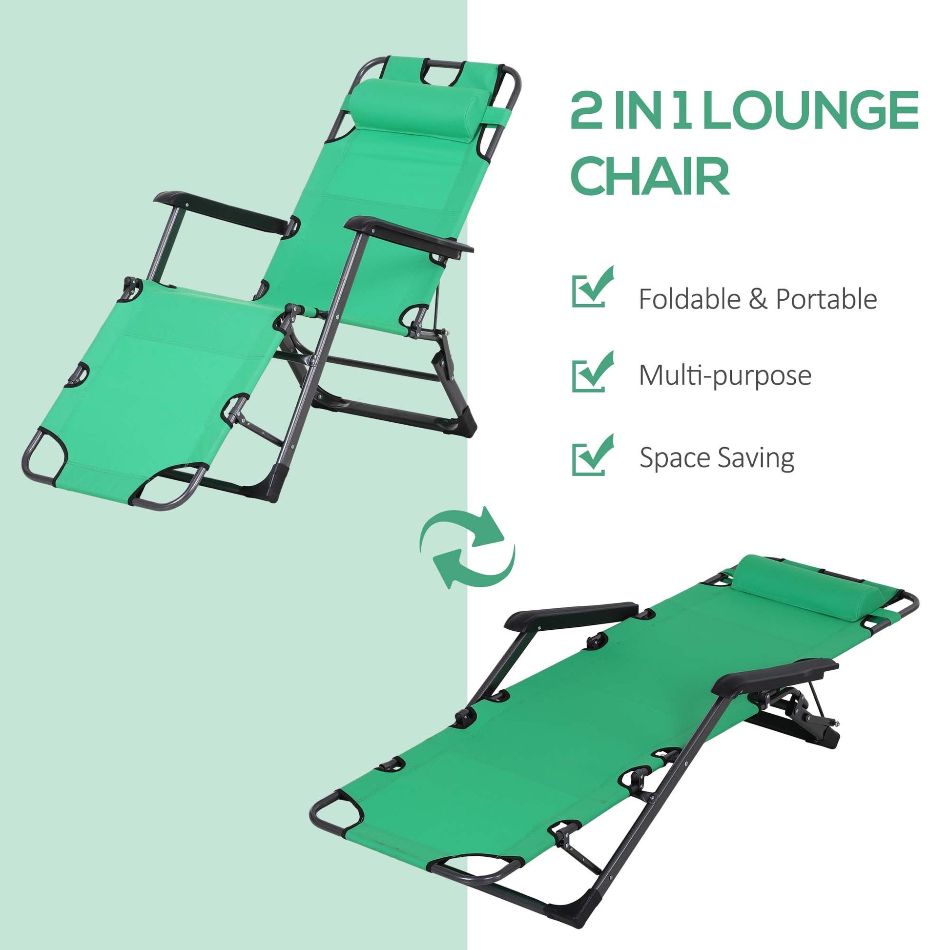 Tanning Chair, 2 In 1 Beach Lounge Chair & Camping Chair W Pillow & Pocket, Adjustable Chaise For Sunbathing Outside, Patio, Poolside, Green Green Metal