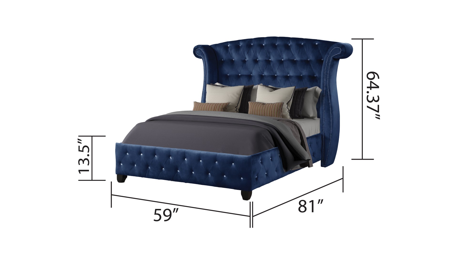 Sophia Modern Style Crystal Tufted Full 4 Piece Includes: Full Size Bed, Nightstand, Dresser, And Mirror Velvet Fabric Upholstery Bedroom Set Made With Wood In Blue Box Spring Not Required Full Blue Wood 4 Piece Set Bedroom Modern Acacia Upholstered