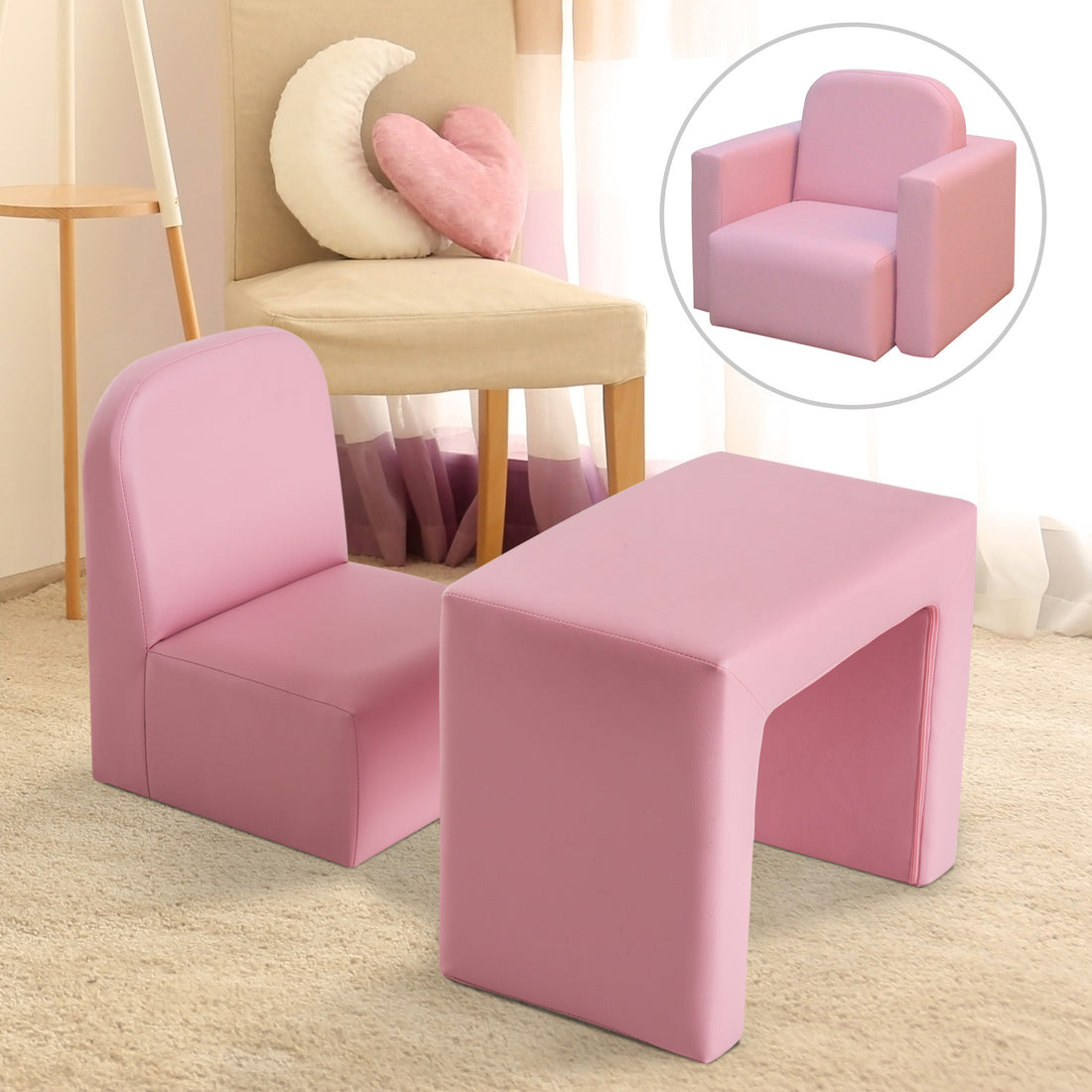 2 In 1 Multifunctional Kids Sofa Convertible Table And Chair Set For 3 Years Old Boys Girls, Pink Pink Pvc