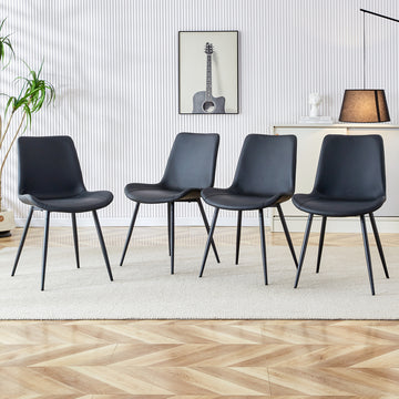 Black Artificial Leather Backrest Cushion Dining Chair, Black Metal Legs, Curved Widened Cushion Design For More Comfort, Suitable For Restaurants, Kitchens, Bedrooms, Offices. 4 Chairs 0502 Black Faux Leather
