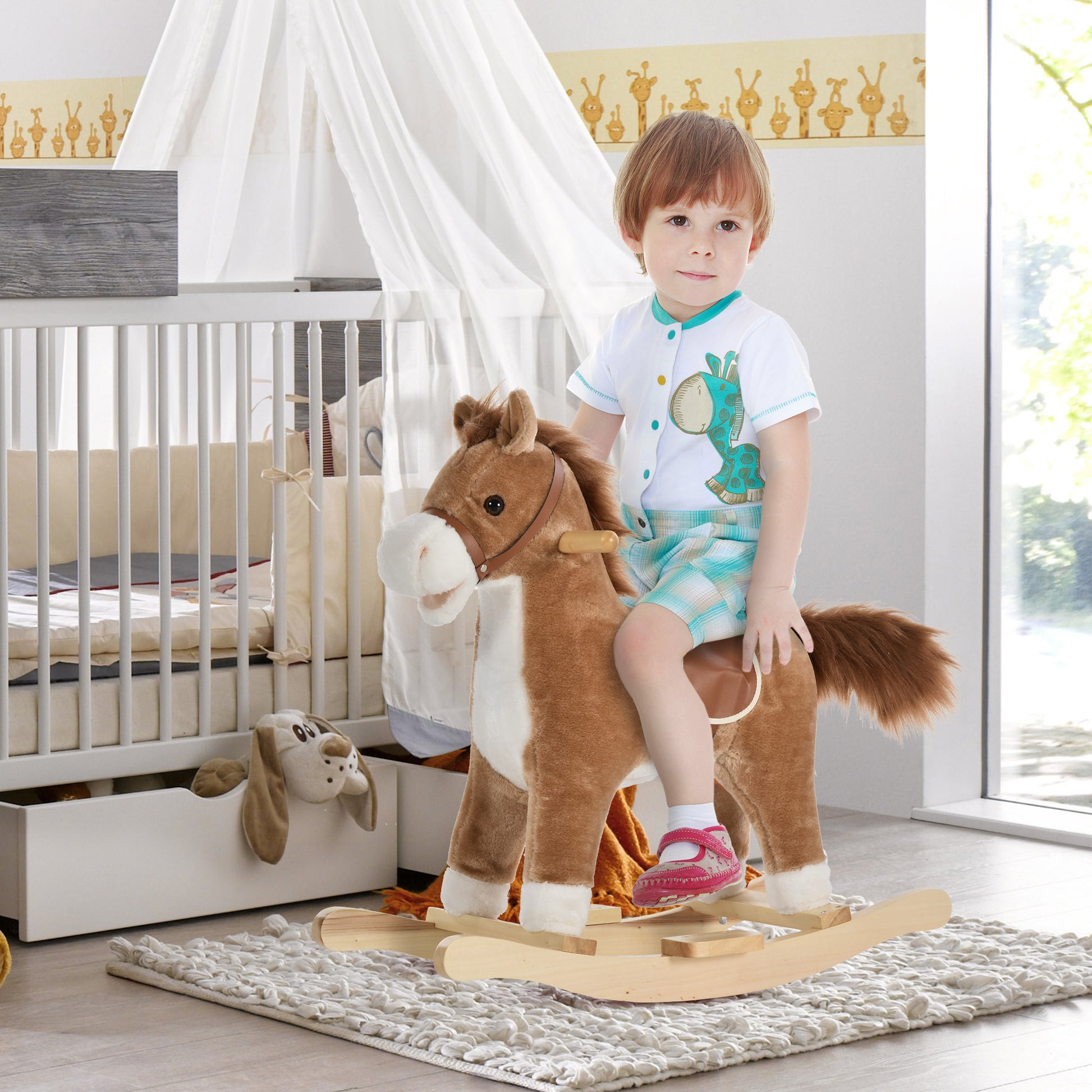 Rocking Horse Plush Animal On Wooden Rockers, Baby Rocking Chair With Sounds, Moving Mouth, Wagging Tail, Brown Brown Plush