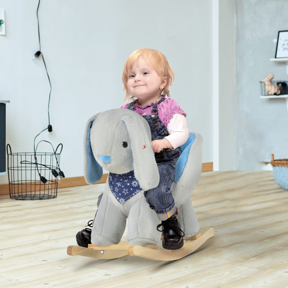 Kids Ride On Rocking Horse Toy Bunny Rocker With Fun Play Music & Soft Plush Fabric For Children 18 36 Months Grey Polyester