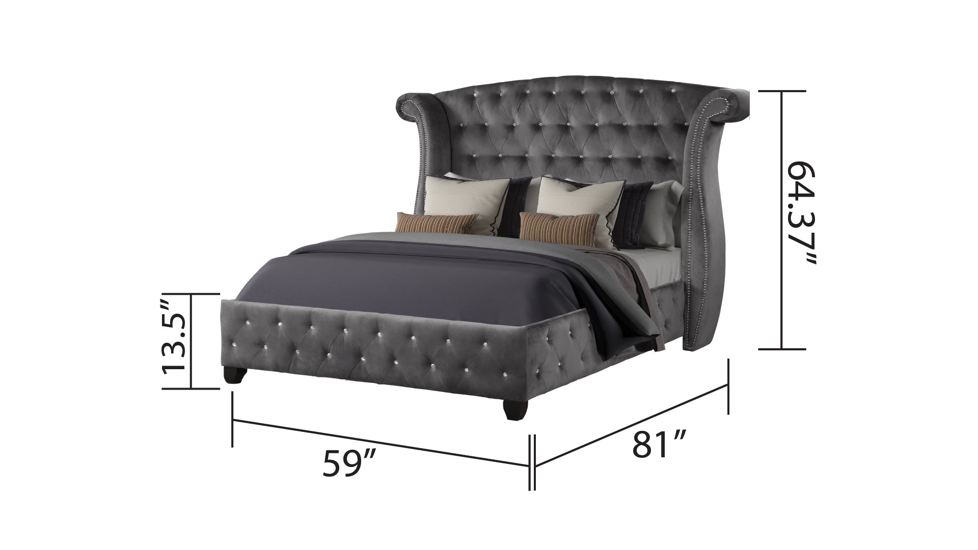 Sophia Crystal Tufted Full Bed Made With Wood In Color Gray Box Spring Not Required Full Gray Wood Bedroom Contemporary,Modern Acacia Upholstered Velvet Wood