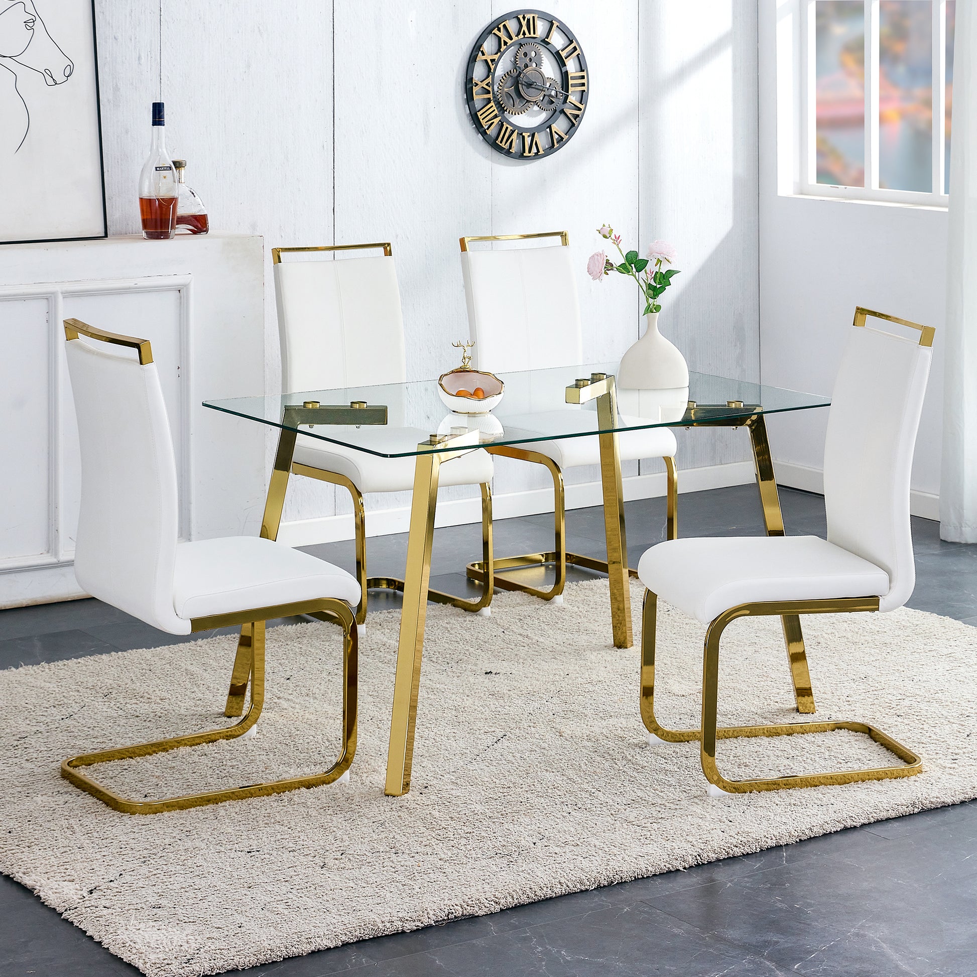 Modern Minimalist Style Rectangular Glass Dining Table With Tempered Glass Tabletop And Golden Metal Legs, Suitable For Kitchen, Dining Room, And Living Room, 51 " * 31.5 " * 29.5 "1123 Transparent Glass