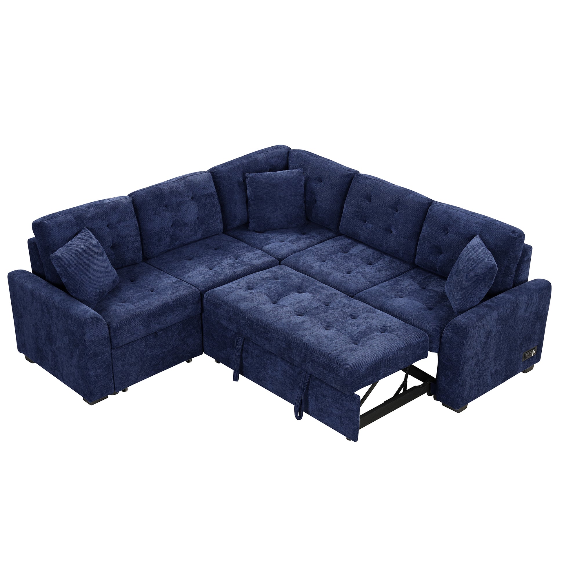 82.6" L Shape Sofa Bed Pull Out Sleeper Sofa With Wheels, Usb Ports, Power Sockets For Living Room, Navy Blue Navy Blue Foam Velvet