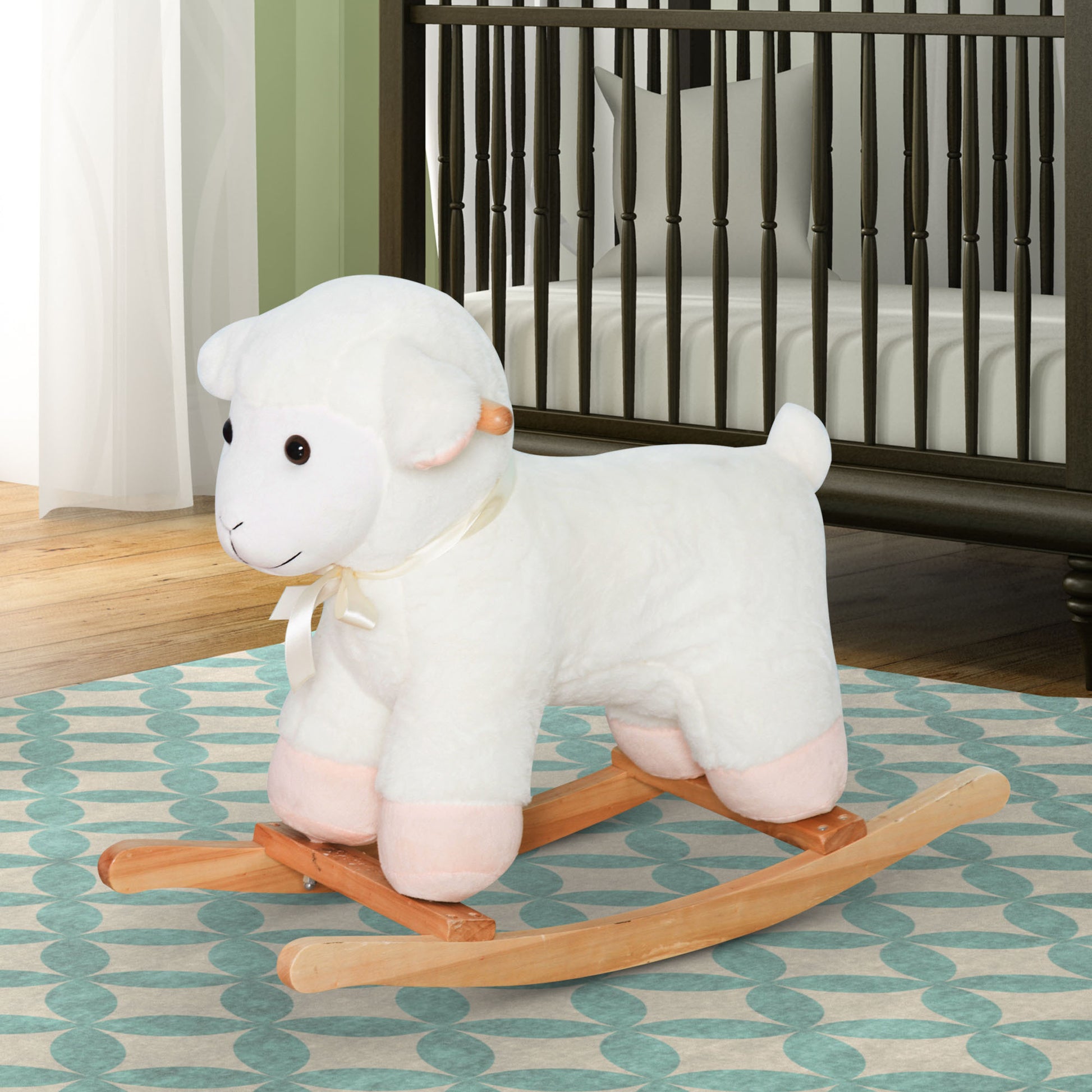 Lamb Rocking Horse Sheep, Nursery Stuffed Animal Ride On Rocker For Kids, Wooden Plush, White White Plush