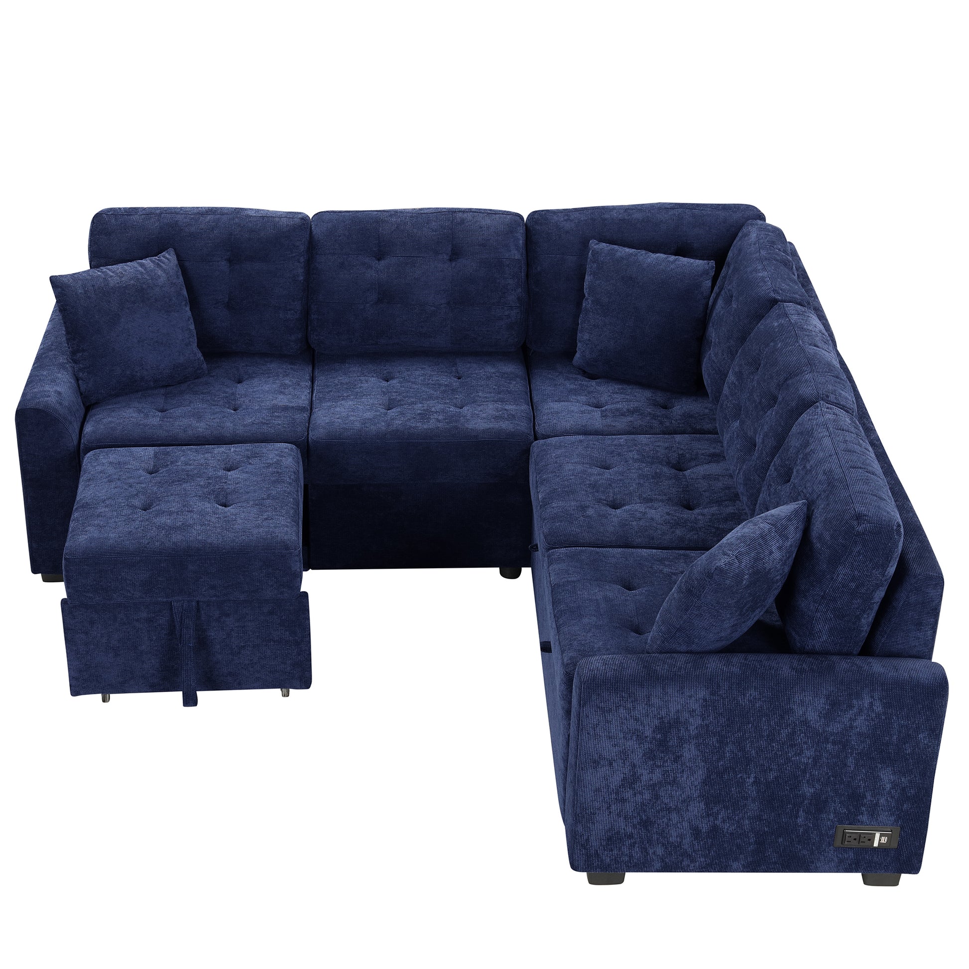 82.6" L Shape Sofa Bed Pull Out Sleeper Sofa With Wheels, Usb Ports, Power Sockets For Living Room, Navy Blue Navy Blue Foam Velvet