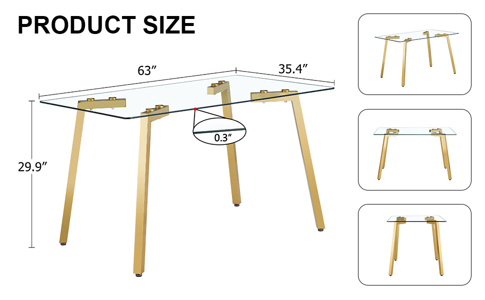 Modern Minimalist Style Rectangular Glass Dining Table With Tempered Glass Tabletop And Golden Metal Legs, Suitable For Kitchen, Dining Room, And Living Room, 63 Inches * 35.4 Inches * 30 Inches Golden Metal