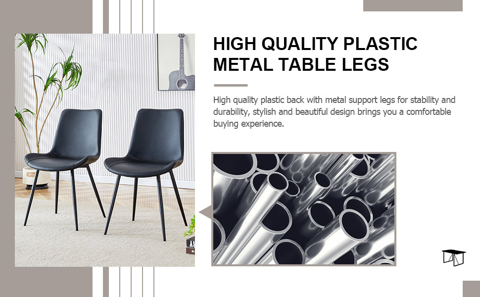 Black Artificial Leather Backrest Cushion Dining Chair, Black Metal Legs, Curved Widened Cushion Design For More Comfort, Suitable For Restaurants, Kitchens, Bedrooms, Offices. 4 Chairs 0502 Black Faux Leather