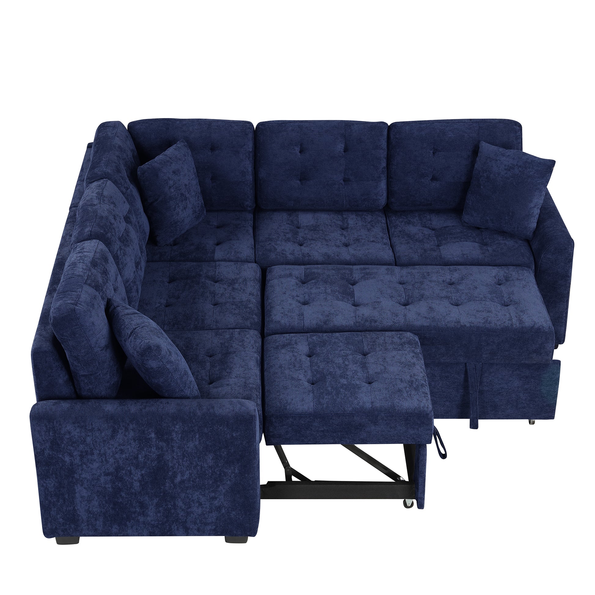 82.6" L Shape Sofa Bed Pull Out Sleeper Sofa With Wheels, Usb Ports, Power Sockets For Living Room, Navy Blue Navy Blue Foam Velvet