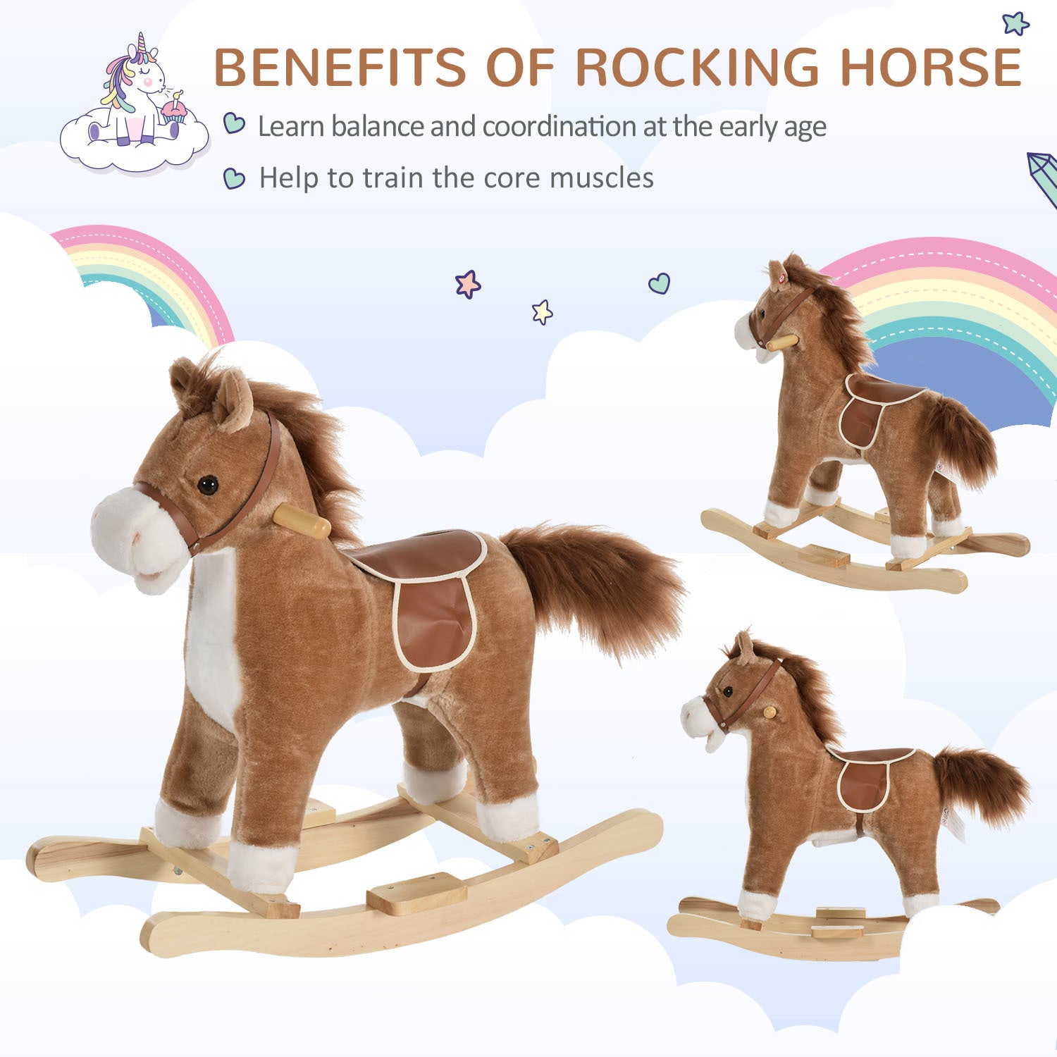 Rocking Horse Plush Animal On Wooden Rockers, Baby Rocking Chair With Sounds, Moving Mouth, Wagging Tail, Brown Brown Plush