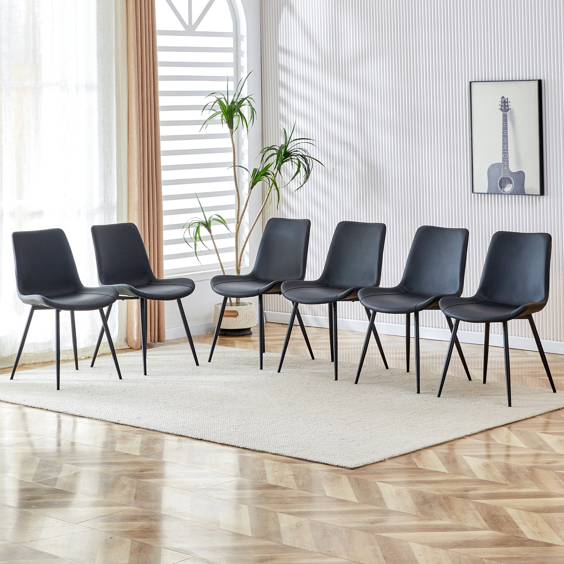 Black Artificial Leather Backrest Cushion Dining Chair, Black Metal Legs, Curved Widened Cushion Design For More Comfort, Suitable For Restaurants, Kitchens, Bedrooms, Offices. 4 Chairs 0502 Black Faux Leather