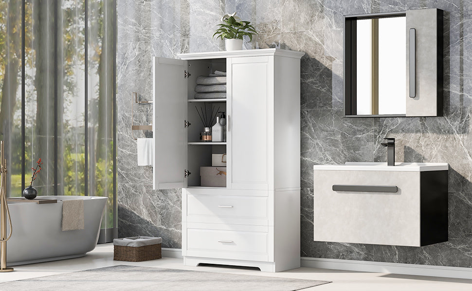 Tall Bathroom Storage Cabinet, Cabinet With Two Doors And Drawers, Adjustable Shelf, Mdf Board, White Old Sku:Wf310828Aak White Mdf