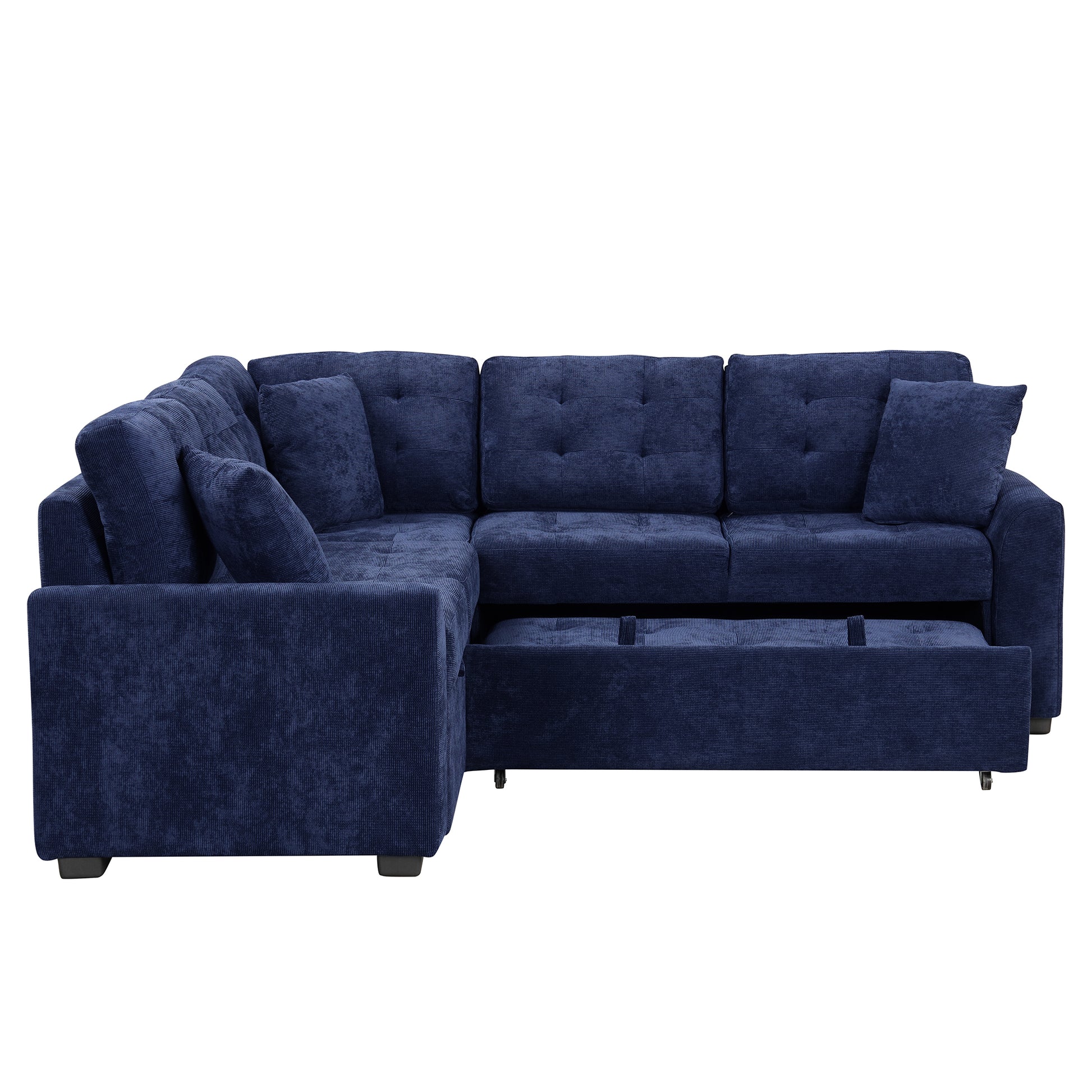 82.6" L Shape Sofa Bed Pull Out Sleeper Sofa With Wheels, Usb Ports, Power Sockets For Living Room, Navy Blue Navy Blue Foam Velvet